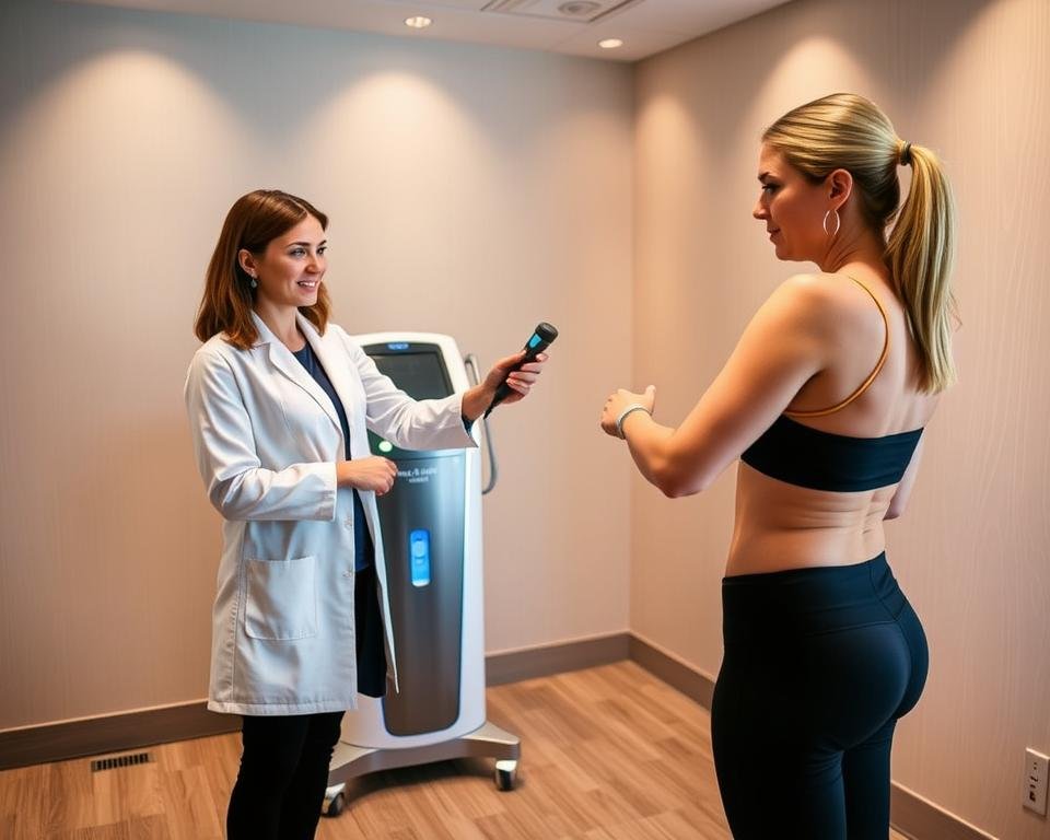 A sleek and modern medical treatment room at Capri Med Spa, designed for the T-Shape 2 arm toning treatment. In the foreground, a professional female practitioner in a white lab coat demonstrates the device on a patient, who is wearing modest, comfortable workout attire. The practitioner uses a handheld applicator on the client's toned upper arms, emphasizing the treatment process. In the middle ground, a high-tech machine stands out, highlighting its state-of-the-art features. The background showcases soothing, neutral-toned walls with soft lighting creating a calming atmosphere. The scene captures a feeling of professionalism and serenity, illuminating the effectiveness of body sculpting techniques while emphasizing the arm treatment's benefits.
