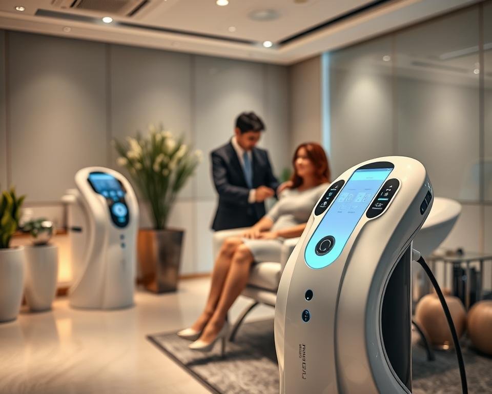 A sleek and modern setting at Capri Med Spa showcasing the T-Shape 2 Artemis technology. In the foreground, a sophisticated, state-of-the-art body sculpting device is prominently displayed, featuring its distinctive T-shape design with digital interfaces and control panels illuminated in soft blue light. In the middle, a health professional in professional business attire demonstrates the device, attentively guiding a client who is comfortably seated. The client appears relaxed and confident, dressed in modest casual clothing. The background highlights a serene spa environment with soft lighting and elegant decor, including potted plants and calming colors that evoke a soothing atmosphere. Capture the image with a shallow depth of field to focus on the T-Shape 2 and convey a sense of innovation and wellness.