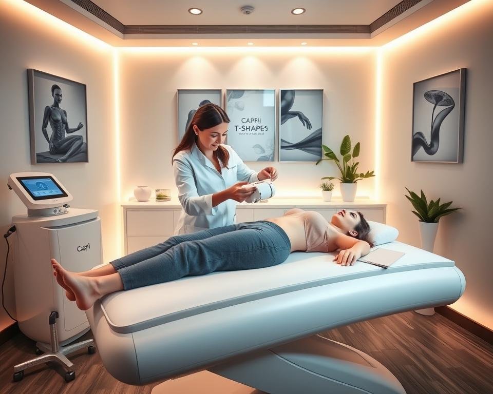 A sleek and modern treatment room at Capri Med Spa, showcasing the T-Shape 2 Body Contouring procedure. In the foreground, a patient in comfortable, modest clothing lies on an advanced treatment table, surrounded by high-tech instruments and soothing ambient lighting. The middle of the image highlights a certified clinician demonstrating the non-invasive T-Shape 2 device on the patient's body, showcasing both the contouring action and the clinician's professional demeanor. The background features soft, calming colors with artistic medical posters and plants, evoking a serene and inviting atmosphere. The lighting is warm and gentle, creating a sense of relaxation and trust, while the angle captures the interaction between the clinician and patient, emphasizing professionalism and care in aesthetic treatments. A sleek and modern treatment room at Capri Med Spa, showcasing the T-Shape 2 Body Contouring procedure. In the foreground, a patient in comfortable, modest clothing lies on an advanced treatment table, surrounded by high-tech instruments and soothing ambient lighting. The middle of the image highlights a certified clinician demonstrating the non-invasive T-Shape 2 device on the patient's body, showcasing both the contouring action and the clinician's professional demeanor. The background features soft, calming colors with artistic medical posters and plants, evoking a serene and inviting atmosphere. The lighting is warm and gentle, creating a sense of relaxation and trust, while the angle captures the interaction between the clinician and patient, emphasizing professionalism and care in aesthetic treatments.