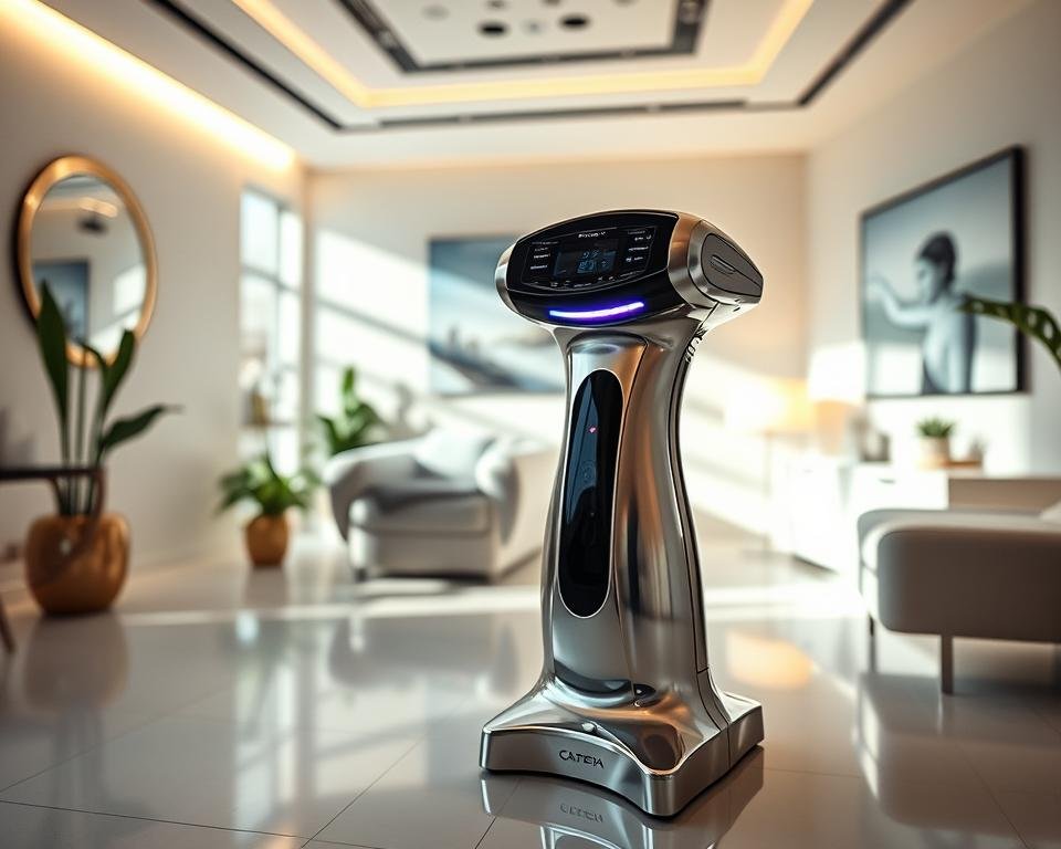 A sleek, modern T-Shape 2 body sculpting device from Capri Med Spa is prominently displayed in the foreground, showcasing its innovative design and high-tech features. The device is made of polished metal and vibrant LED lights, reflecting the essence of advanced aesthetic technology. In the middle ground, a professional setting in a luxurious West Hollywood clinic is depicted, with soft, ambient lighting to create a comforting atmosphere. Light shadows cast over a pristine treatment room with contemporary furnishings. The background features subtle touches of greenery and inspirational art, symbolizing wellness and transformation. The overall mood is serene yet cutting-edge, illustrating the forefront of body and face sculpting innovation. The image is captured from a slight low angle to emphasize the device’s prominence, with a shallow depth of field for added focus.