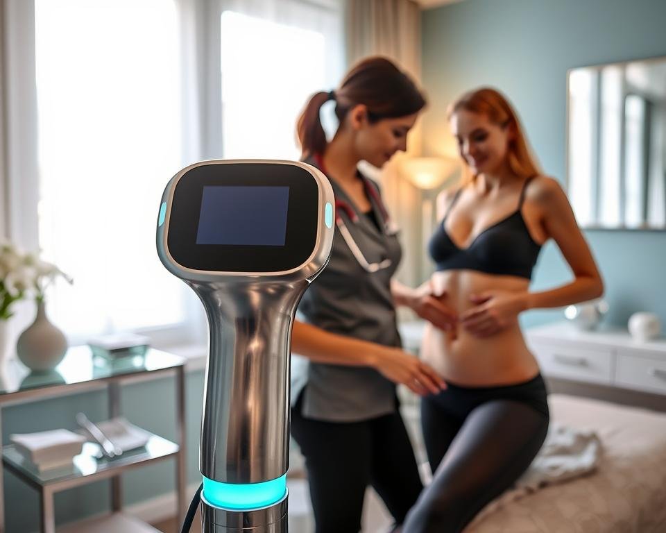 A sleek, modern T-Shape 2 body sculpting device prominently displayed in a well-lit, elegant treatment room at Capri Med Spa. The device should be shiny, with ergonomic lines and gentle glowing lights, highlighting its advanced technology. In the foreground, a professional clinician in a smart medical uniform is demonstrating the device's use on a fully clothed client, ensuring a sense of professionalism and care. The middle ground shows various body sculpting tools and soothing decor, complemented by soft, natural light filtering through large windows with sheer curtains. The background features calming shades of blue and green, contributing to a relaxing atmosphere, inviting viewers to explore body contouring services available at Capri Med Spa.