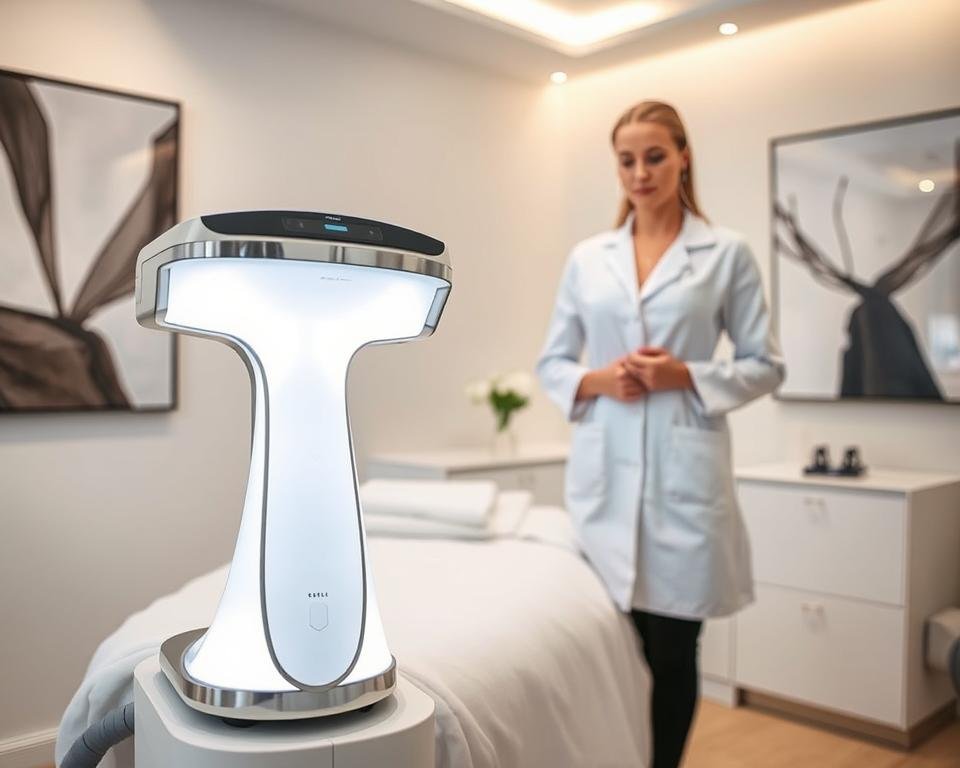 A sleek, modern T-Shape 2 device featured prominently in the foreground, showcasing its design and functionality for body contouring. The device is illuminated with soft, white lighting that highlights its contours and reflects off its polished surfaces. In the middle ground, a serene treatment room at Capri Med Spa with neutral colors and minimalistic decor creates a calming atmosphere. A professional therapist, dressed in a smart white lab coat, stands beside the device, demonstrating its use with a look of concentration. The background features abstract art on the walls, enhancing the aesthetic of the space while ensuring the focus remains on the T-Shape 2 technology. The overall mood is professional and inviting, emphasizing innovation and care in body sculpting.