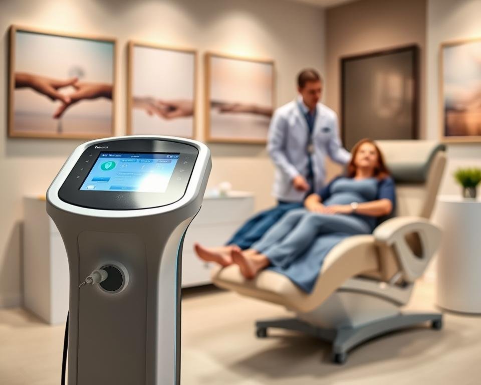 A sleek, modern T-Shape 2 technology device, prominently displayed in a bright, well-lit treatment room at Capri Med Spa. In the foreground, focus on the device showcasing its unique design, featuring smooth edges and an interactive control panel. The background includes soft, neutral-toned walls adorned with calming artwork, creating a serene atmosphere. A medical professional, dressed in professional business attire, stands beside the machine, demonstrating its features with a patient, who is comfortably seated in a treatment chair, both appearing relaxed and engaged. Soft, diffused lighting enhances the clean and inviting ambience of the spa. The overall mood conveys professionalism, innovation, and tranquility in body sculpting technology. A sleek, modern T-Shape 2 technology device, prominently displayed in a bright, well-lit treatment room at Capri Med Spa. In the foreground, focus on the device showcasing its unique design, featuring smooth edges and an interactive control panel. The background includes soft, neutral-toned walls adorned with calming artwork, creating a serene atmosphere. A medical professional, dressed in professional business attire, stands beside the machine, demonstrating its features with a patient, who is comfortably seated in a treatment chair, both appearing relaxed and engaged. Soft, diffused lighting enhances the clean and inviting ambience of the spa. The overall mood conveys professionalism, innovation, and tranquility in body sculpting technology.