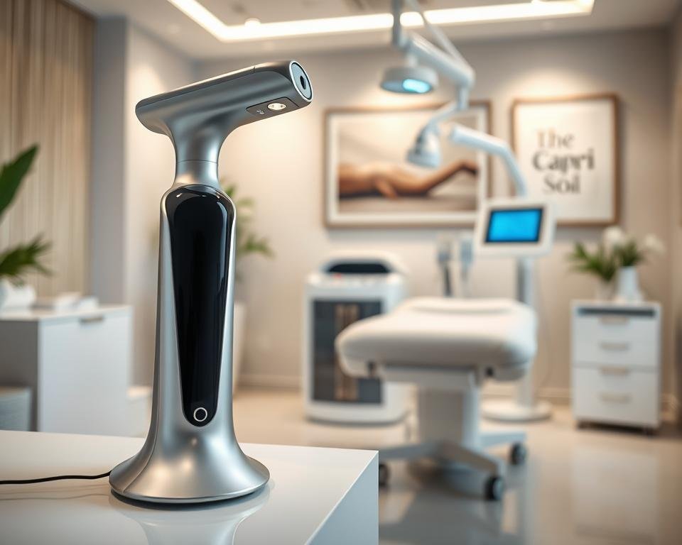 A sleek, modern T-Shape 2 technology device showcased prominently in the foreground, highlighting its sleek lines and advanced design. The device should be depicted in a professional med spa environment, with soft, ambient lighting enhancing its curves. In the middle ground, a well-equipped treatment room at Capri Med Spa, featuring calm, neutral tones and high-end medical equipment, creating a serene and inviting atmosphere. The background should consist of blurred soft-focus elements like plants and artwork that suggest a relaxing spa environment. Capture the essence of innovation in body and face sculpting while maintaining a clean, professional vibe. The overall mood should convey wellness and advanced technology in a tranquil setting, suitable for a medical spa. A sleek, modern T-Shape 2 technology device showcased prominently in the foreground, highlighting its sleek lines and advanced design. The device should be depicted in a professional med spa environment, with soft, ambient lighting enhancing its curves. In the middle ground, a well-equipped treatment room at Capri Med Spa, featuring calm, neutral tones and high-end medical equipment, creating a serene and inviting atmosphere. The background should consist of blurred soft-focus elements like plants and artwork that suggest a relaxing spa environment. Capture the essence of innovation in body and face sculpting while maintaining a clean, professional vibe. The overall mood should convey wellness and advanced technology in a tranquil setting, suitable for a medical spa.
