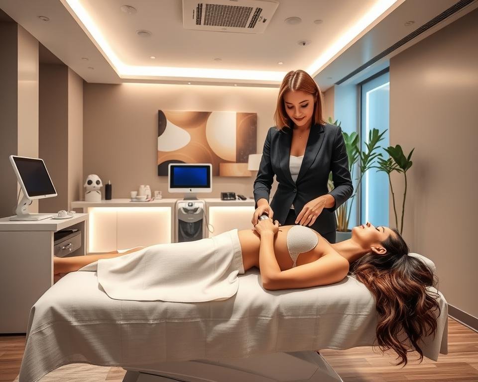 A sleek, modern clinic interior showcasing the T-Shape 2 body sculpting technique in action at Capri Med Spa. In the foreground, a professional, confident female aesthetician in business attire demonstrates the device on a patient lying comfortably on a treatment table, covered with a light, modest drape. The middle ground features a stylish array of high-tech medical equipment and elegant decor, including calming colors and soft textures. Bright, even lighting highlights the interaction, creating a warm and inviting atmosphere. In the background, abstract art and plants add to the serene spa vibe. The scene captures the essence of transformation and professionalism, reflecting the innovative spirit of Capri Med Spa while ensuring a safe and comfortable environment for clients.