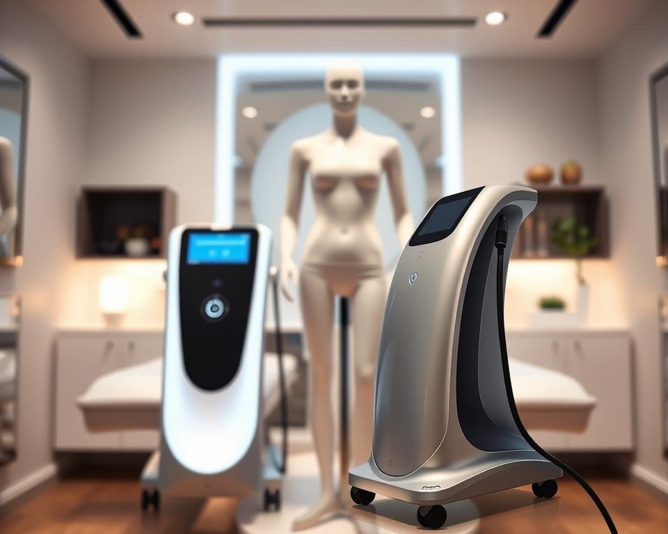 A sleek, modern laser body contouring device from Capri Med Spa, prominently displayed in a well-lit, clinical treatment room. In the foreground, focus on the T-Shape 2 device, showcasing its elegant design and advanced laser technology. The middle ground features a mannequin fitted with a body contouring treatment, in professional medical attire, emphasizing the transformation process. In the background, soft ambient lighting highlights clean, contemporary design elements of the spa, creating a tranquil atmosphere. Use a shallow depth of field to draw attention to the device, with soft bokeh effects on the spa environment. The overall mood is sophisticated and innovative, capturing the essence of cutting-edge body sculpting technology in a serene healthcare setting. A sleek, modern laser body contouring device from Capri Med Spa, prominently displayed in a well-lit, clinical treatment room. In the foreground, focus on the T-Shape 2 device, showcasing its elegant design and advanced laser technology. The middle ground features a mannequin fitted with a body contouring treatment, in professional medical attire, emphasizing the transformation process. In the background, soft ambient lighting highlights clean, contemporary design elements of the spa, creating a tranquil atmosphere. Use a shallow depth of field to draw attention to the device, with soft bokeh effects on the spa environment. The overall mood is sophisticated and innovative, capturing the essence of cutting-edge body sculpting technology in a serene healthcare setting.