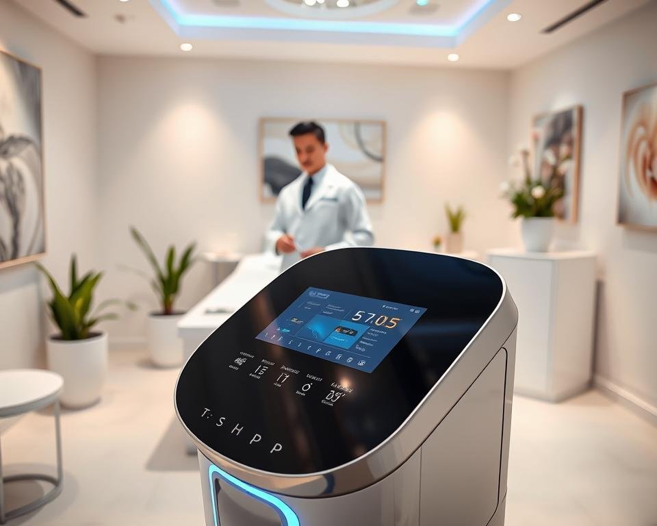 A sleek, modern treatment room at Capri Med Spa featuring the T-Shape 2 technology for body sculpting. In the foreground, a high-tech body sculpting machine with an elegant design, showcasing digital interfaces and LED indicators, highlighted by soft, inviting lighting. In the middle ground, a professional, well-dressed technician—wearing a clean lab coat—stands beside the machine, attentively preparing for a treatment, exuding confidence and expertise. The background includes clean, minimalist decor with calming colors, plants, and soothing artwork that contributes to a tranquil atmosphere. The image should convey a sense of professionalism and innovation in aesthetic treatments, captured from a slightly angled perspective to emphasize the T-Shape 2 device.