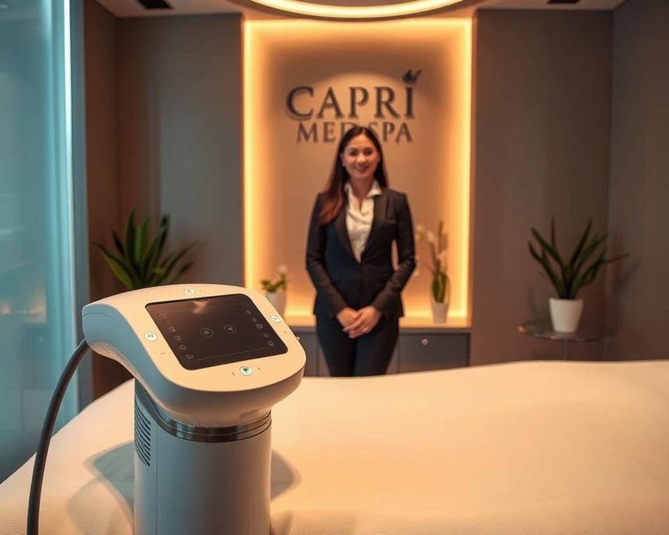 A sleek, modern treatment room at Capri Med Spa, featuring the advanced T-Shape 2 technology prominently displayed in the foreground. The device is elegantly designed with a clean, futuristic look, showcasing its control panels and smooth lines. In the middle ground, a poised, professional therapist in smart business attire prepares to demonstrate the T-Shape 2, exuding confidence and expertise. Soft, warm lighting bathes the room, creating a relaxing atmosphere, while subtle plant decorations in the background add a touch of tranquility. The image is captured from a slightly elevated angle to highlight both the T-Shape 2 and the therapist, conveying an inviting and upscale aesthetic that embodies the spa's dedication to body and face sculpting.