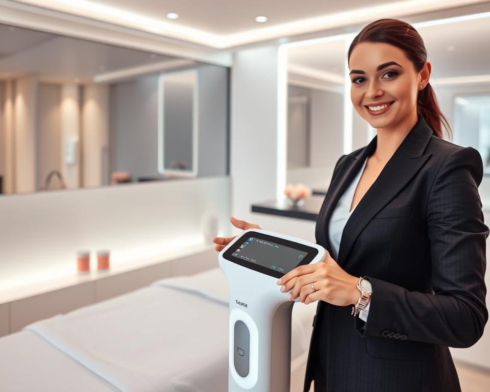 A sleek, modern treatment room at Capri Med Spa, focusing on the advanced "T-Shape 2 Technology" device designed for body sculpting. In the foreground, a professional medical practitioner in smart business attire is demonstrating the device's features, highlighting its ergonomic design and control panel. The middle ground showcases the T-Shape 2 device prominently, with a soft glow illuminating its innovative technology. In the background, a clean and serene spa environment is accentuated by soft, natural lighting that creates a calming atmosphere. Soft pastels in the decor enhance the feeling of tranquility, while subtle reflections add depth. The overall mood is professional and inviting, emphasizing sophistication and modern wellness.