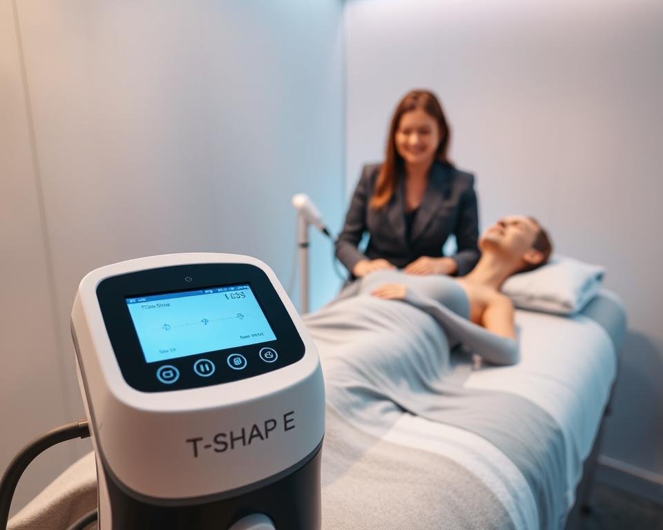 A sleek, modern treatment room featuring the T-Shape 2 technology by Capri Med Spa in the foreground. The T-Shape 2 device is prominently displayed, featuring its advanced design with control panels and soft, ambient lighting creating a relaxing atmosphere. In the middle ground, a professional, smiling technician in business attire demonstrates the device on a client, who looks serene and relaxed, dressed in modest, comfortable clothing. The background showcases soothing colors, soft textures, and gentle lighting that emphasizes a tranquil spa environment. The angle captures the interaction between the technician and the client, conveying trust and expertise. The overall mood is calm, professional, and welcoming, ideal for illustrating the innovative body and face contouring treatment.