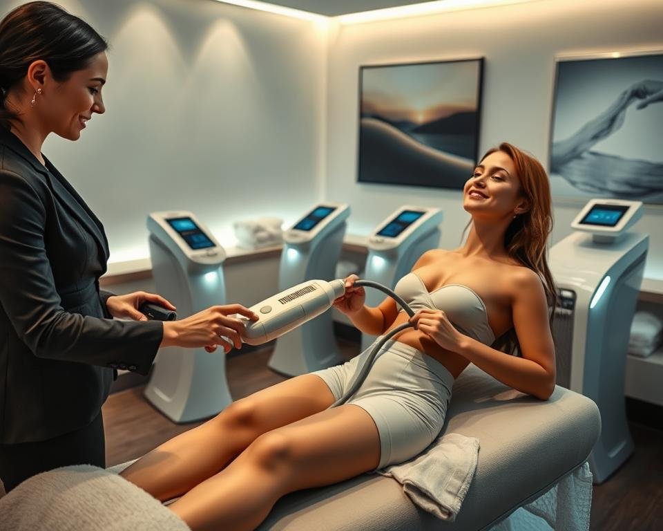 A sophisticated spa environment showcasing advanced body contouring solutions. In the foreground, a professional and friendly aesthetician, dressed in sleek business attire, demonstrates the T-Shape 2 device on a client who is comfortably attired in modest, professional spa garments. In the middle, sleek, modern treatment equipment is arranged elegantly, with soft, ambient lighting highlighting the contours of the devices. The background features calming spa decor, including neutral-colored walls, soft towels, and serene artwork that emphasizes tranquility and rejuvenation. The scene conveys a sense of professionalism and trust, inviting potential clients to explore the benefits of body and face sculpting at Capri Med Spa in Woodland Hills. The image should capture the essence of advanced body sculpting, focusing on innovation and care.