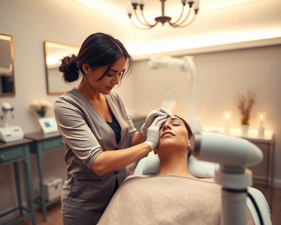 Capture a serene and inviting atmosphere at Capri Med Spa, showcasing the art of face and body sculpting in Arleta. In the foreground, depict a professional female aesthetician in modest, professional attire, demonstrating a non-invasive face sculpting technique on a relaxed client, who is comfortably seated in a stylish, well-lit treatment room. The client should have a calm expression, emphasizing trust and satisfaction. In the middle ground, include elegant treatment equipment that subtly highlights advanced sculpting technologies, like a sleek T-Shape 2 device. The background features soothing spa decor, with soft, warm lighting creating a tranquil mood. Use a wide-angle lens to capture the spaciousness and calm, ensuring the scene feels inviting and professional.