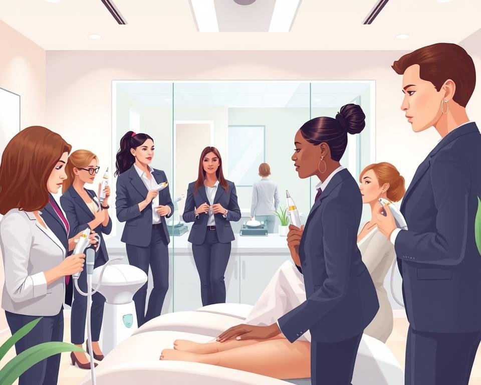 Create an educational illustration focused on contouring techniques for body and face sculpting. In the foreground, depict a diverse group of professionals in smart business attire, demonstrating various contouring methods with tools and devices such as the T-Shape 2 device from Capri Med Spa. The middle ground should feature a well-lit treatment room, showcasing clean, modern equipment and a large mirror reflecting the contouring process. In the background, consider soft-focus elements like a soothing color palette of pastels, gentle lighting, and calming plants to evoke a tranquil atmosphere. Ensure the lighting is bright yet soft, mimicking natural daylight, while the angle captures the interactions between the professionals and their clients, highlighting the importance of contouring in aesthetic practices.