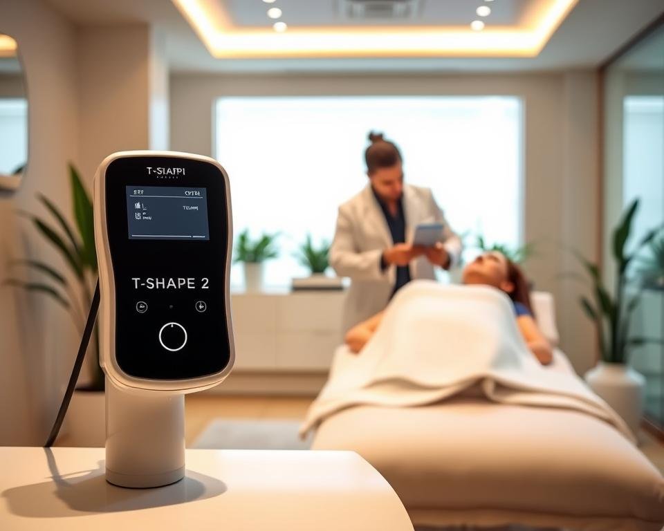 Visualize the advanced T-Shape 2 Technology used for body sculpting in a sleek, modern spa setting. In the foreground, showcase the T-Shape 2 device, featuring its elegant design with intuitive controls and sleek lines, emphasizing its cutting-edge technology. In the middle ground, depict a professional practitioner in a white lab coat, attentively guiding a client receiving treatment, both of whom are dressed in modest, professional attire. The background reveals a calming spa environment with soft, ambient lighting and lush greenery, creating a serene atmosphere. Use warm, inviting tones to evoke a sense of relaxation and trust. Capture the scene from a slightly elevated angle to provide a comprehensive view of the treatment in action at Capri Med Spa, infusing the image with a sense of professionalism and innovation.